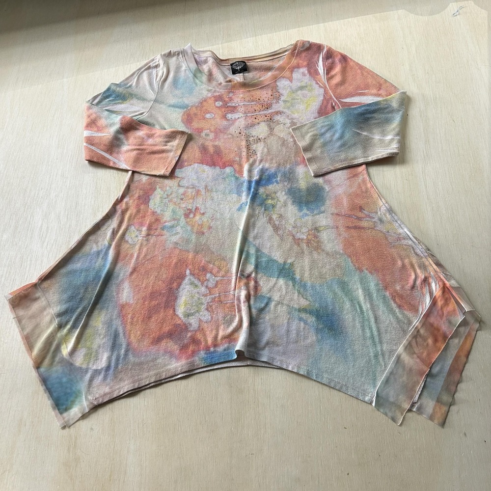 Y2K Cal Style Blouse Womens Small Multicolor Floral Sheer Rhinestone Tunic Top